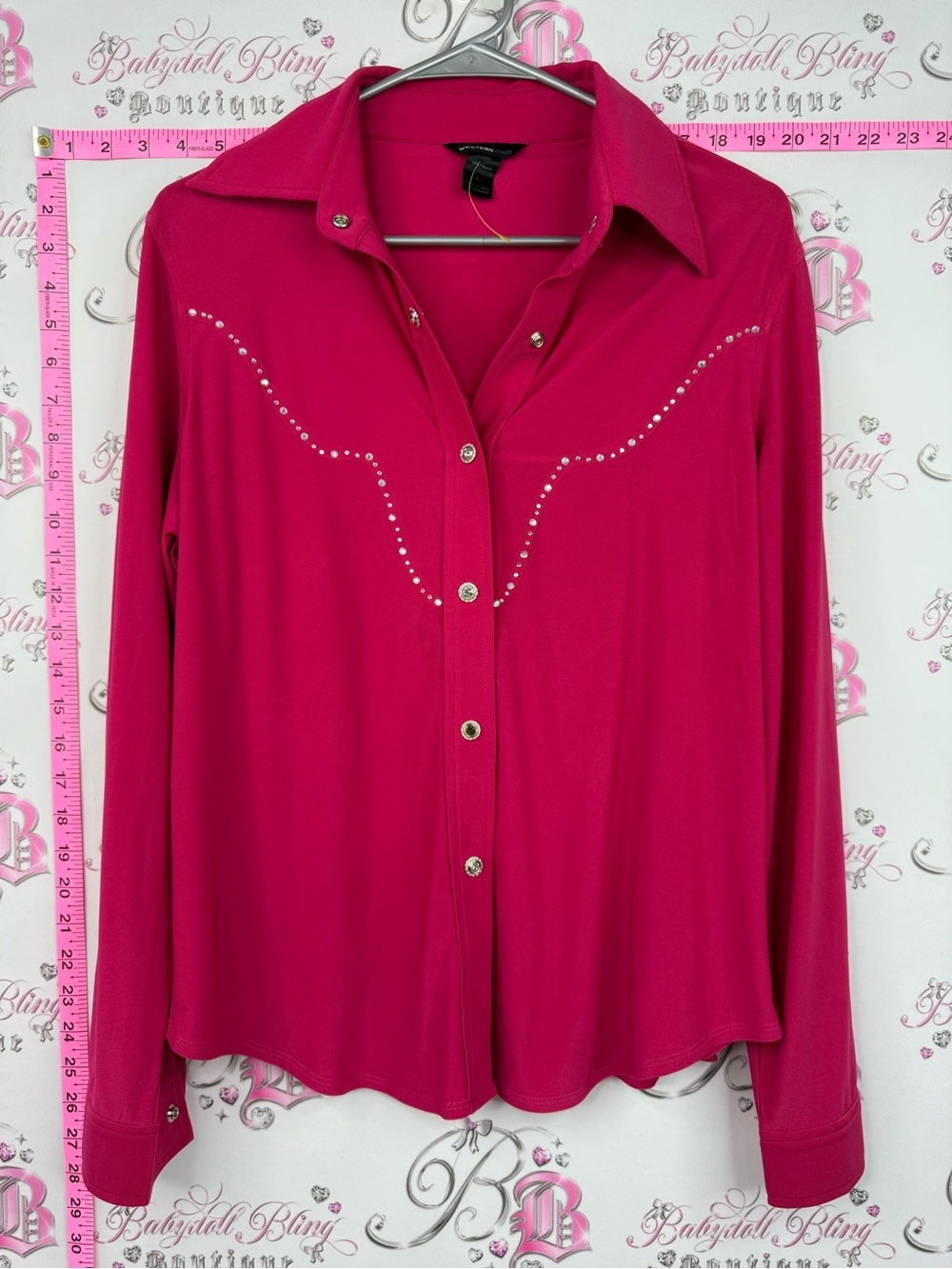 Western ethics long sleeve studded Rhinestone-Trim Fuchsia Button-Down Shirt